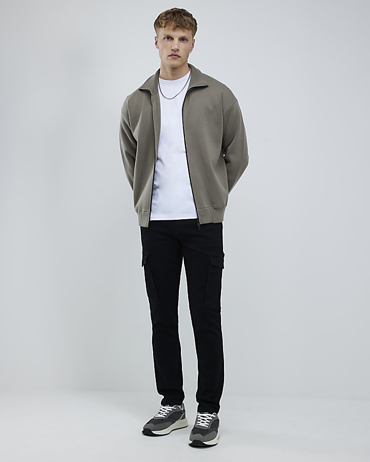 River Island Khaki Slim Fit Zip Through Jumper