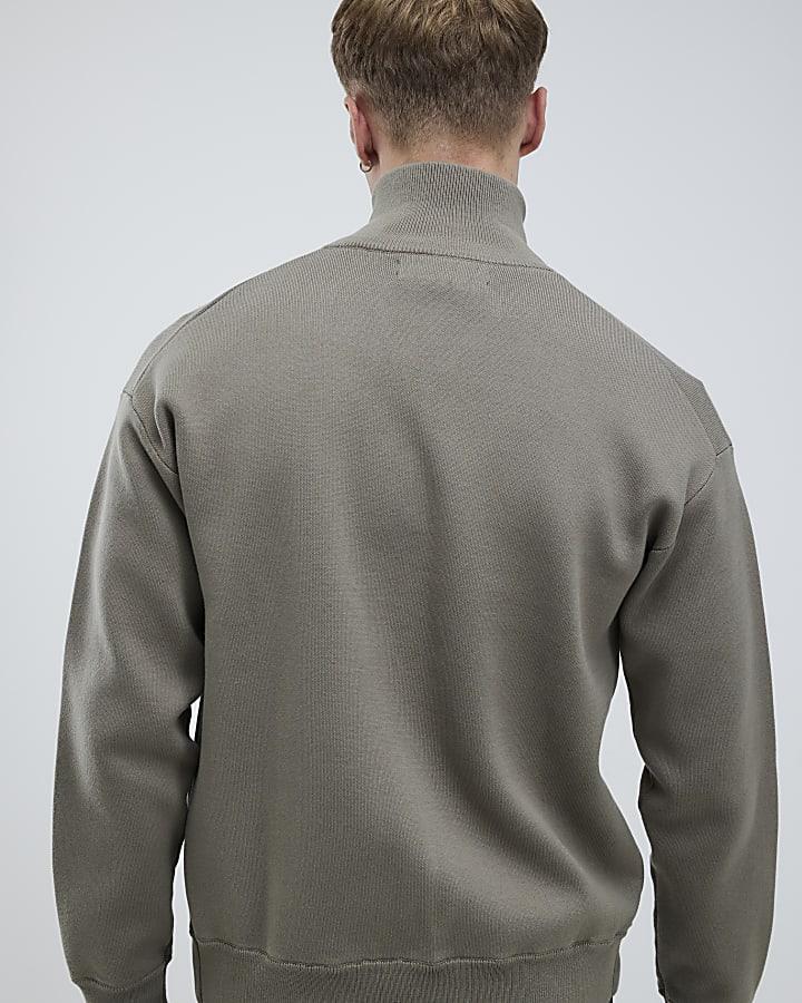 River Island Khaki Slim Fit Zip Through Jumper