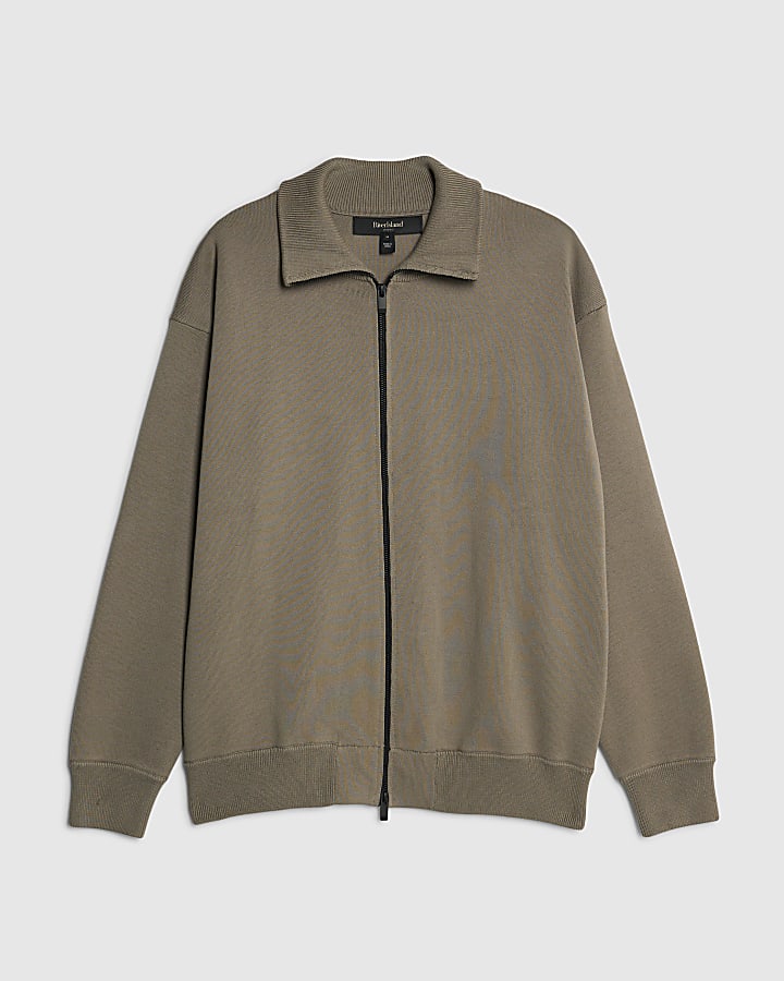 river island Khaki Slim Fit Zip Through Jumper