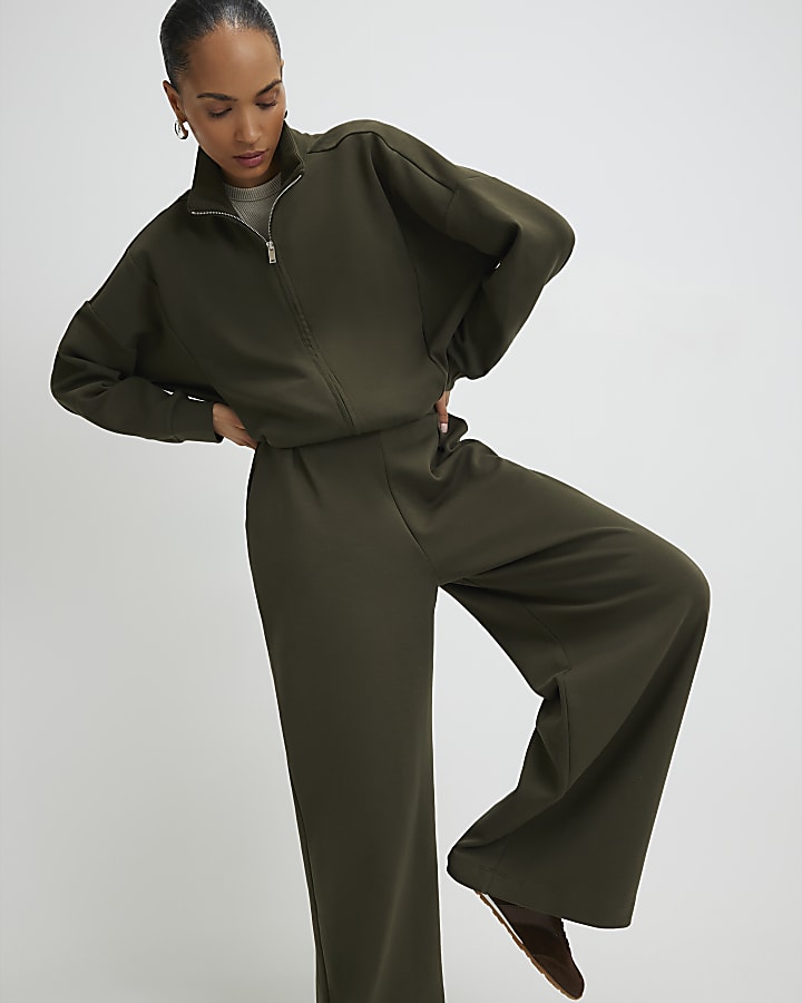 river Island Khaki Tailored Wide Leg Trousers