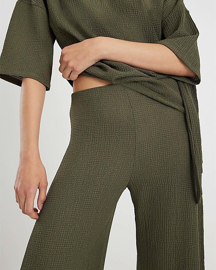 River Island Khaki Textured Wide Leg Trousers