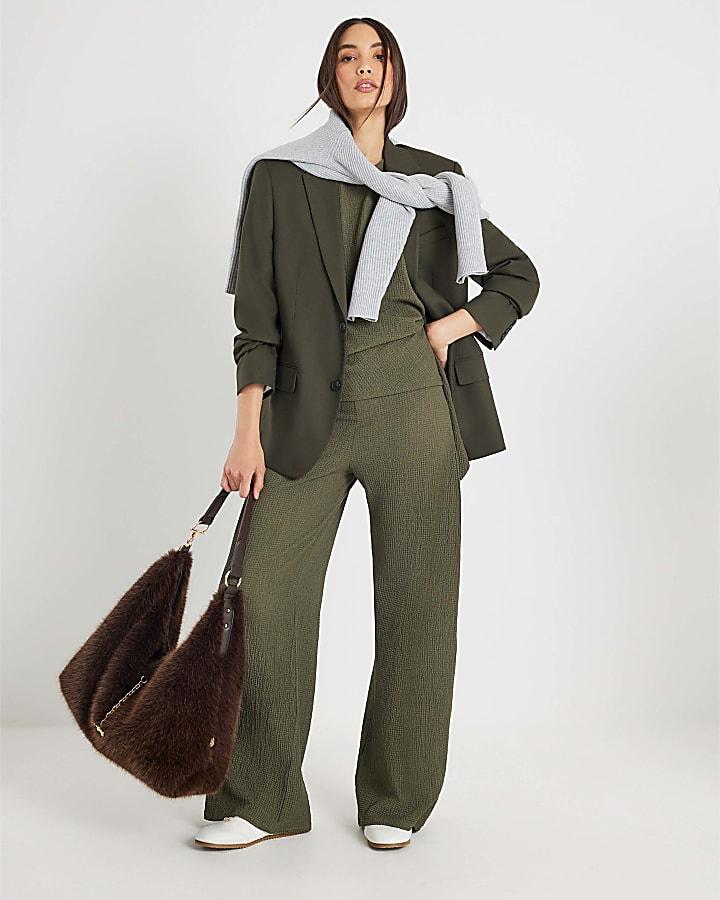 River Island Khaki Textured Wide Leg Trousers