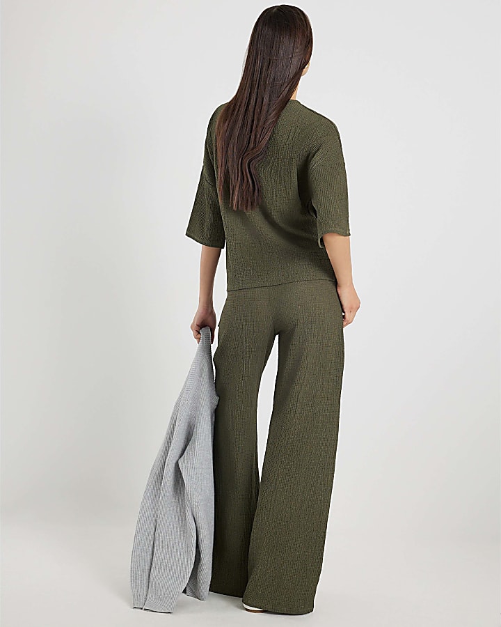 River Island Khaki Textured Wide Leg Trousers
