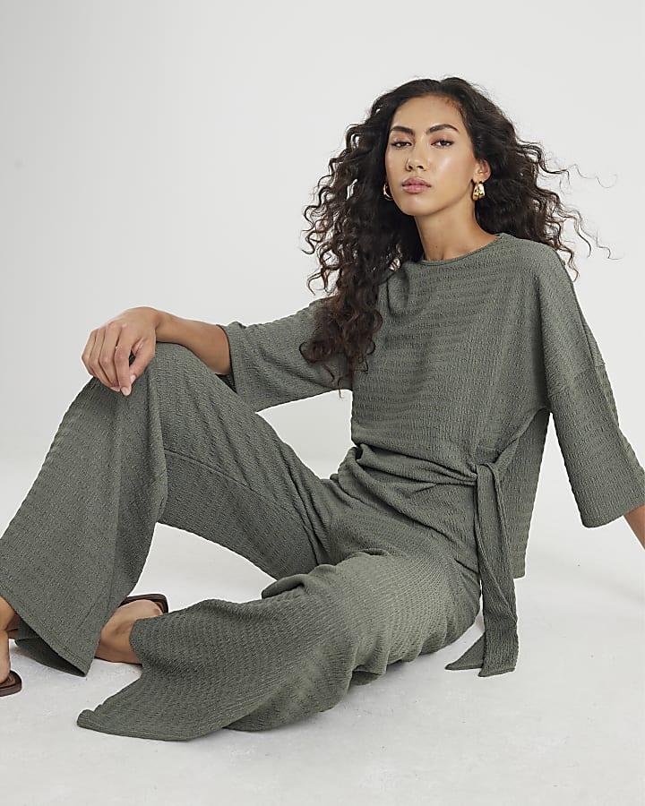 River Island Khaki Textured Wide Leg Trousers