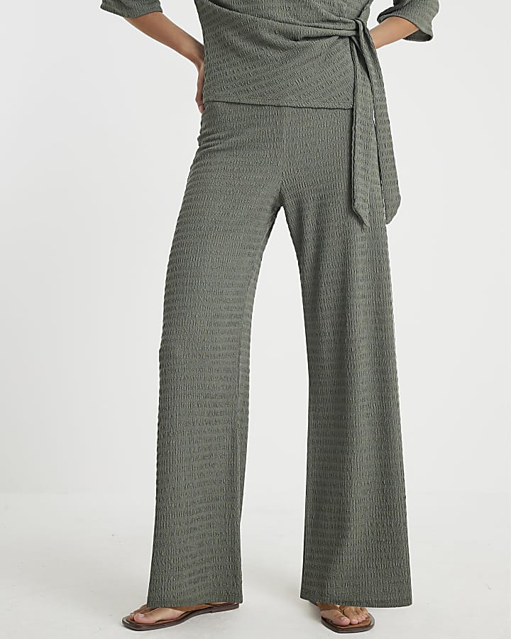 River Island Khaki Textured Wide Leg Trousers