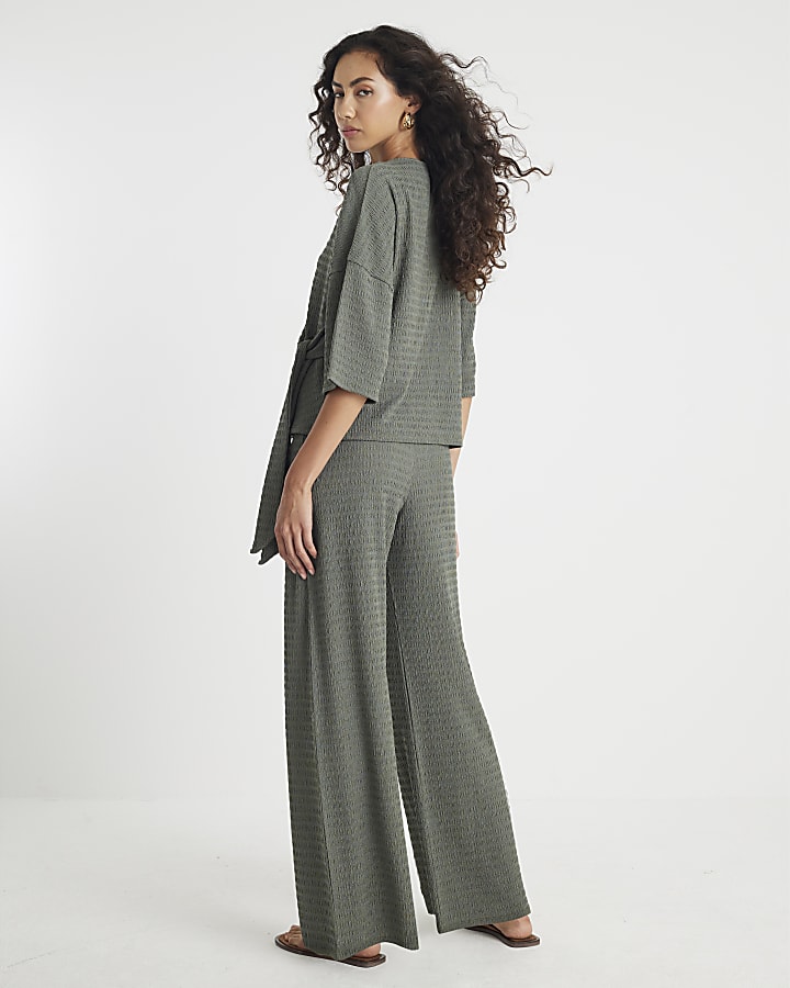 River Island Khaki Textured Wide Leg Trousers