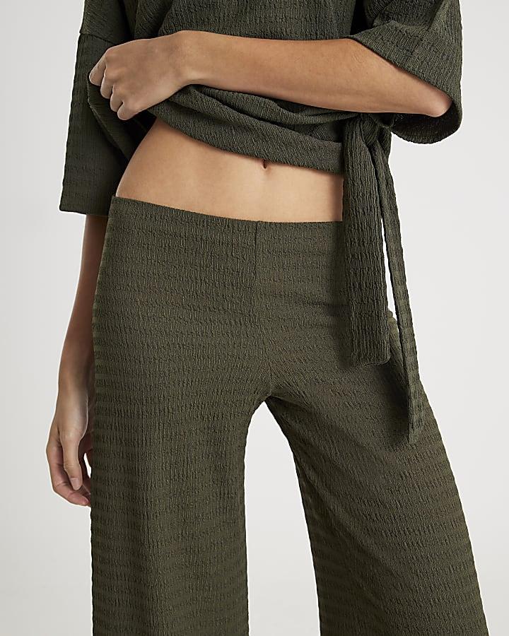 River Island Khaki Textured Wide Leg Trousers