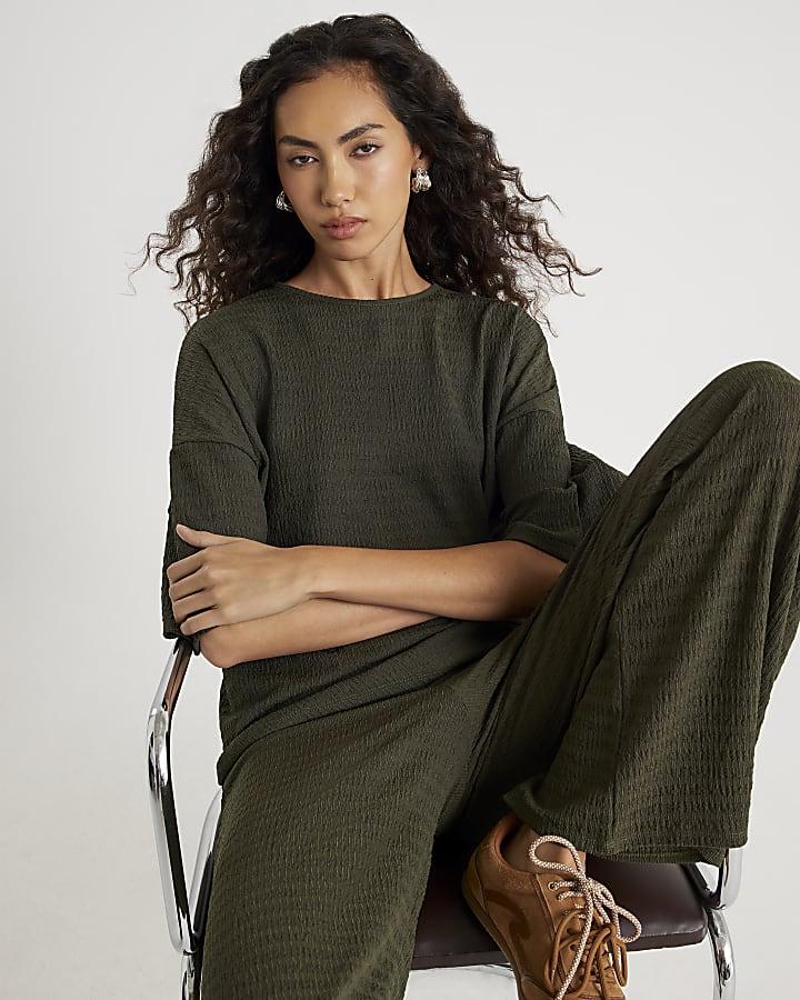 River Island Khaki Textured Wide Leg Trousers