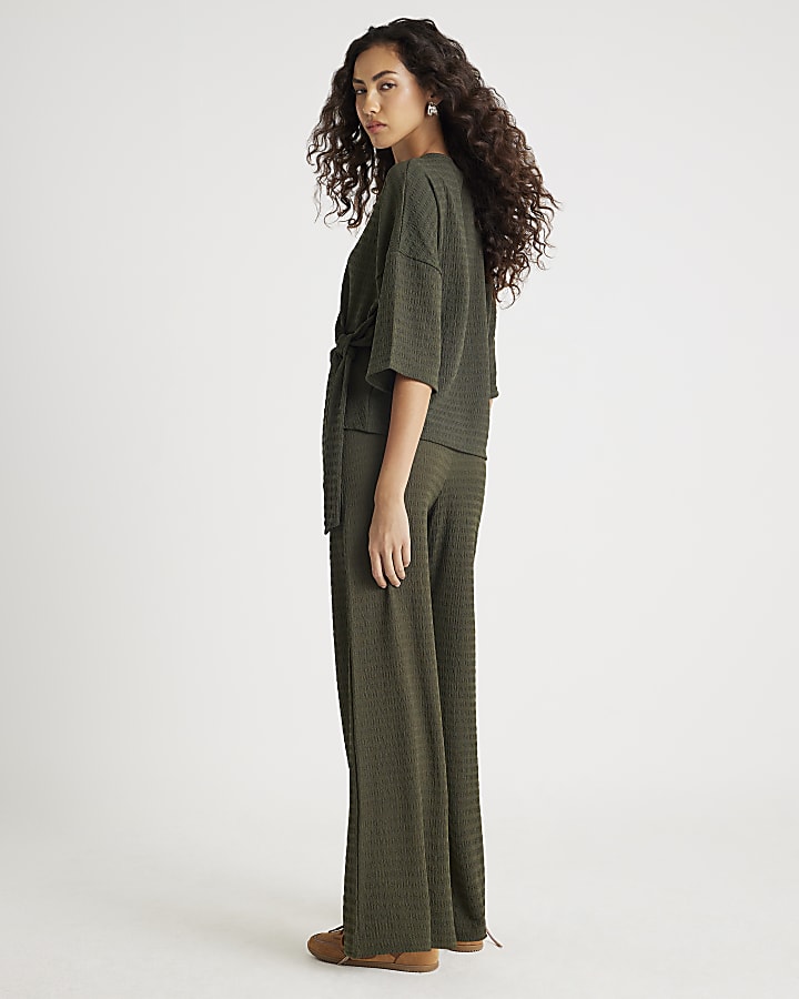 River Island Khaki Textured Wide Leg Trousers