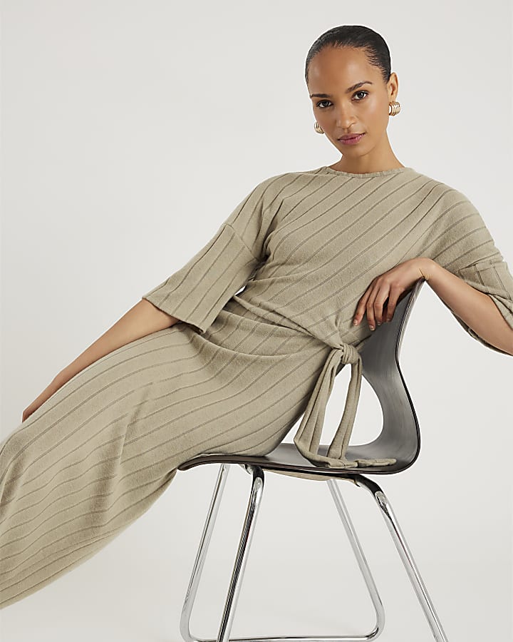 River Island Khaki Wide Rib Cosy Midi Dress