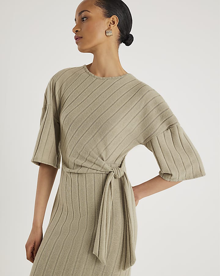 River Island Khaki Wide Rib Cosy Midi Dress