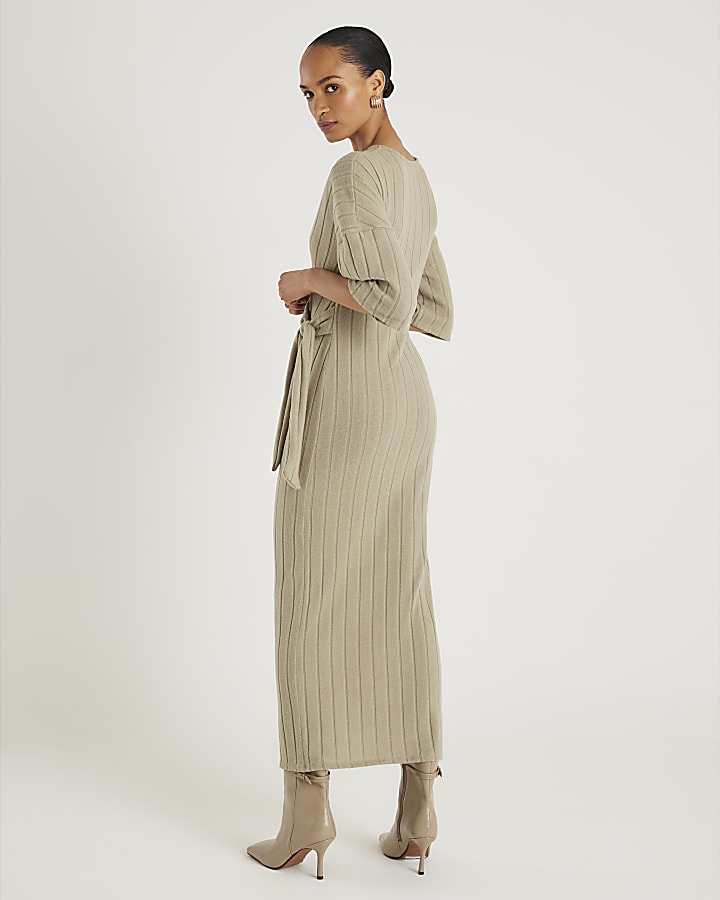 River Island Khaki Wide Rib Cosy Midi Dress