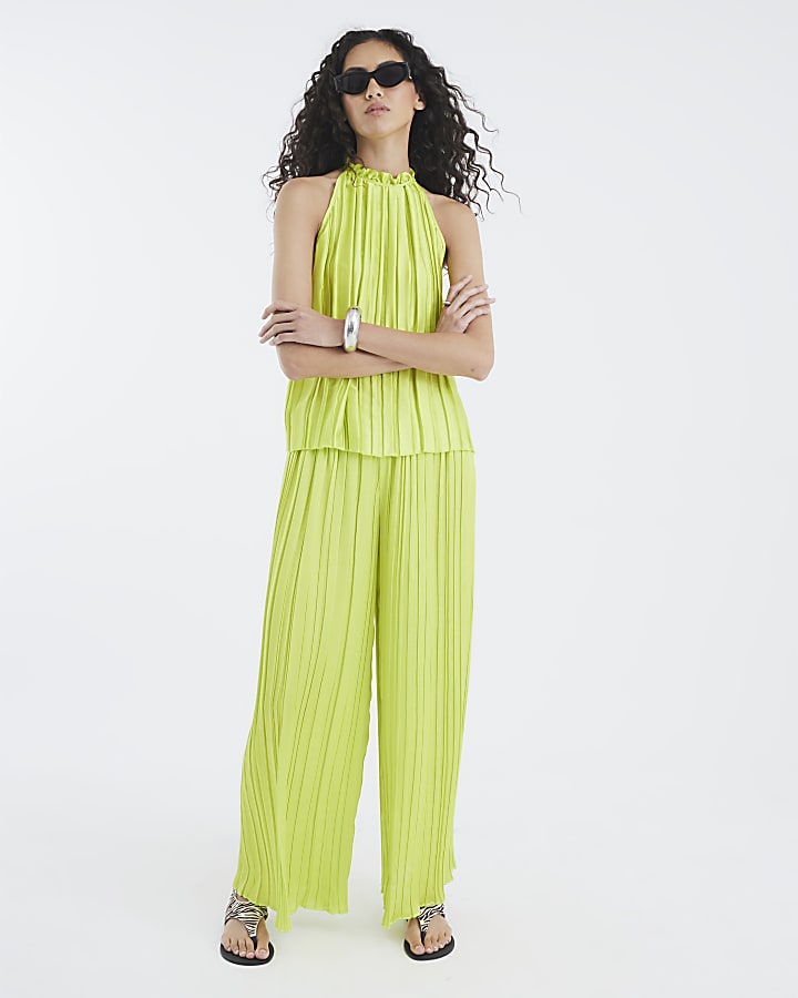 River Island Lime Satin Pleated Wide Leg Trousers