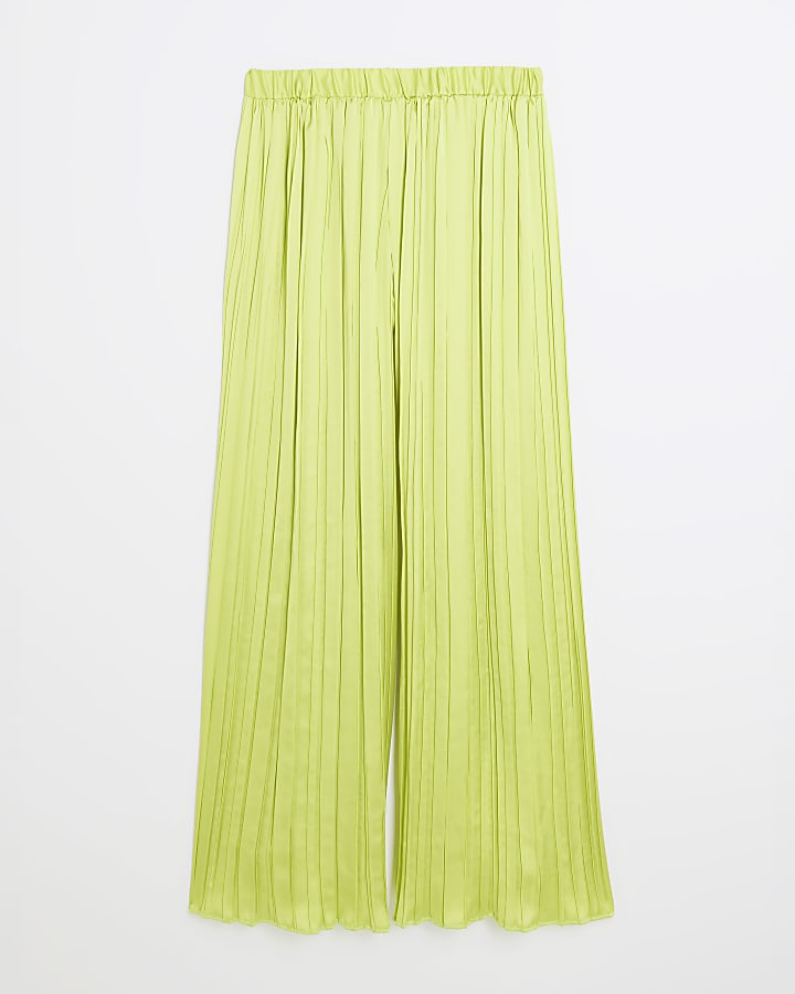 river island Lime Satin Pleated Wide Leg Trousers