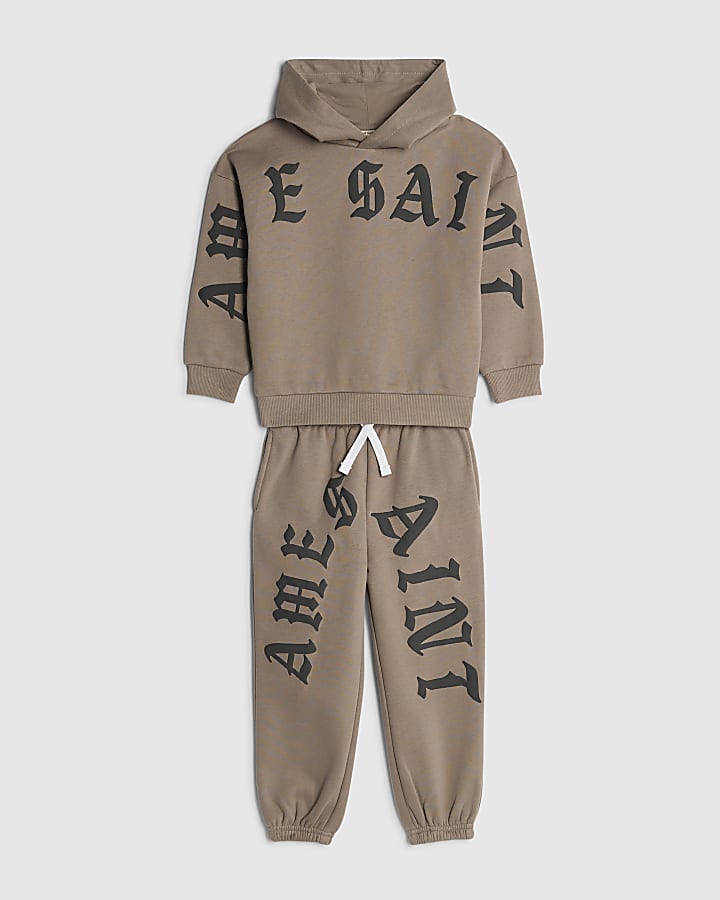 River Island Mini Boys Brown Ame Saint Hoodie Set
