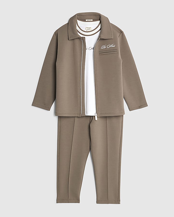 River Island Mini Boys Brown Jacket 3 Piece Set