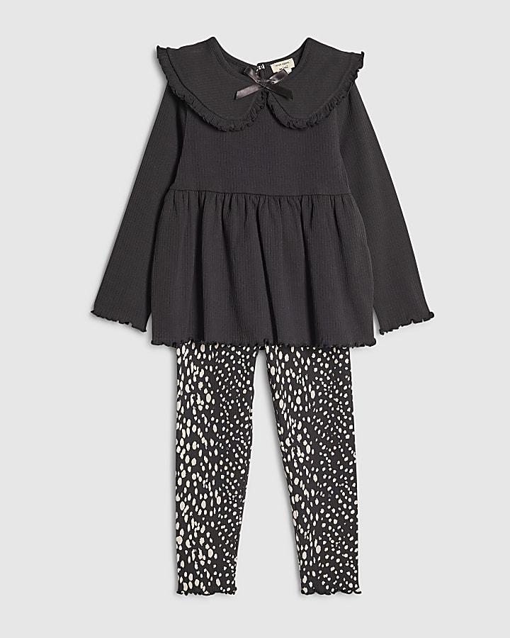 River Island Mini Girls Black Rib Collar Top Set
