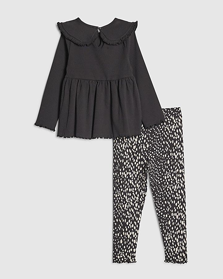 River Island Mini Girls Black Rib Collar Top Set