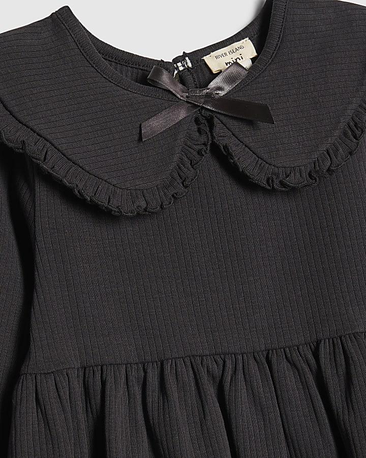 River Island Mini Girls Black Rib Collar Top Set
