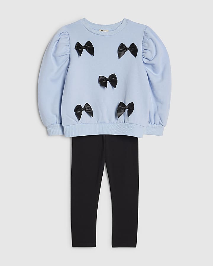 River Island Mini Girls Blue 3D Bow Sweatshirt Set