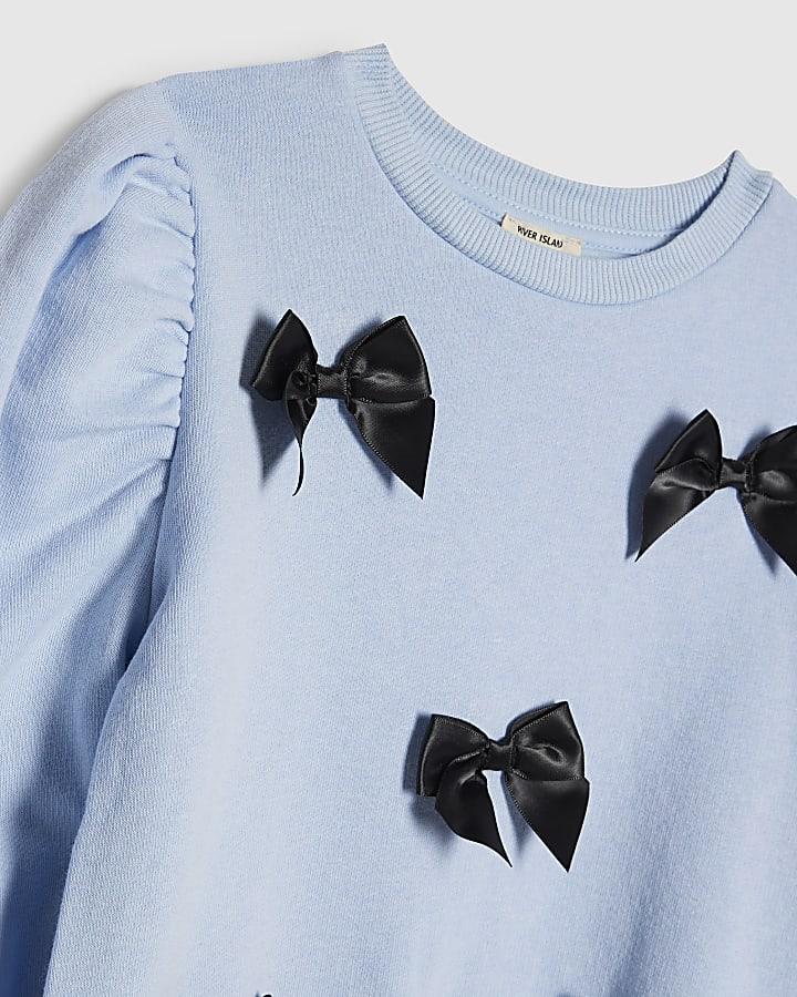 River Island Mini Girls Blue 3D Bow Sweatshirt Set