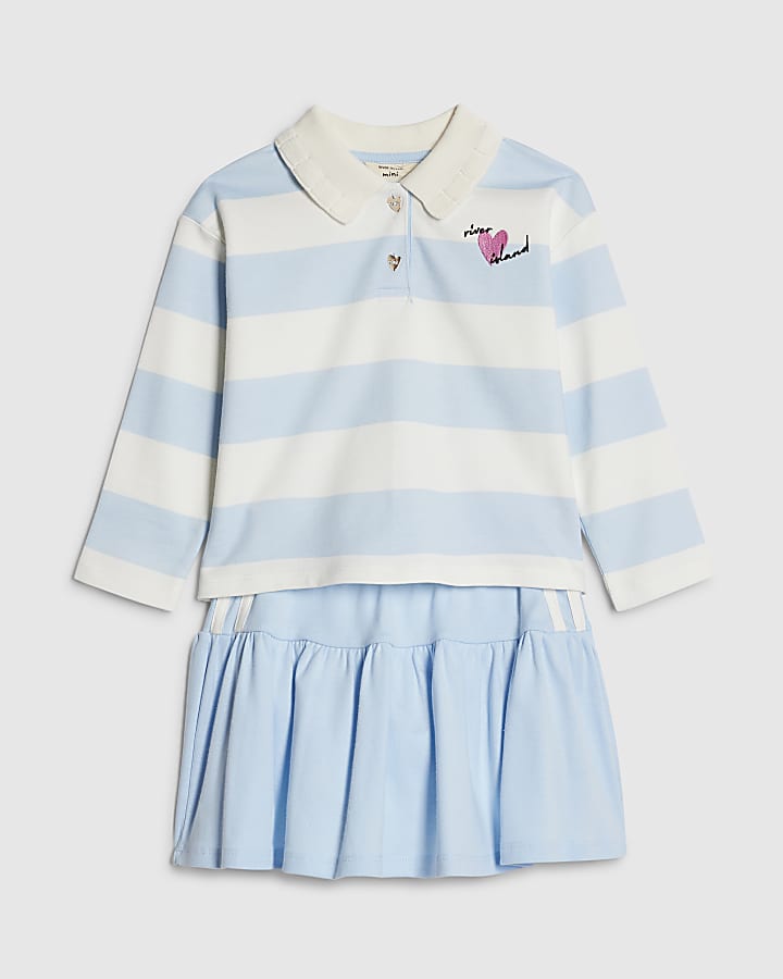 River Island Mini Girls Blue Stripe Polo Shirt Set