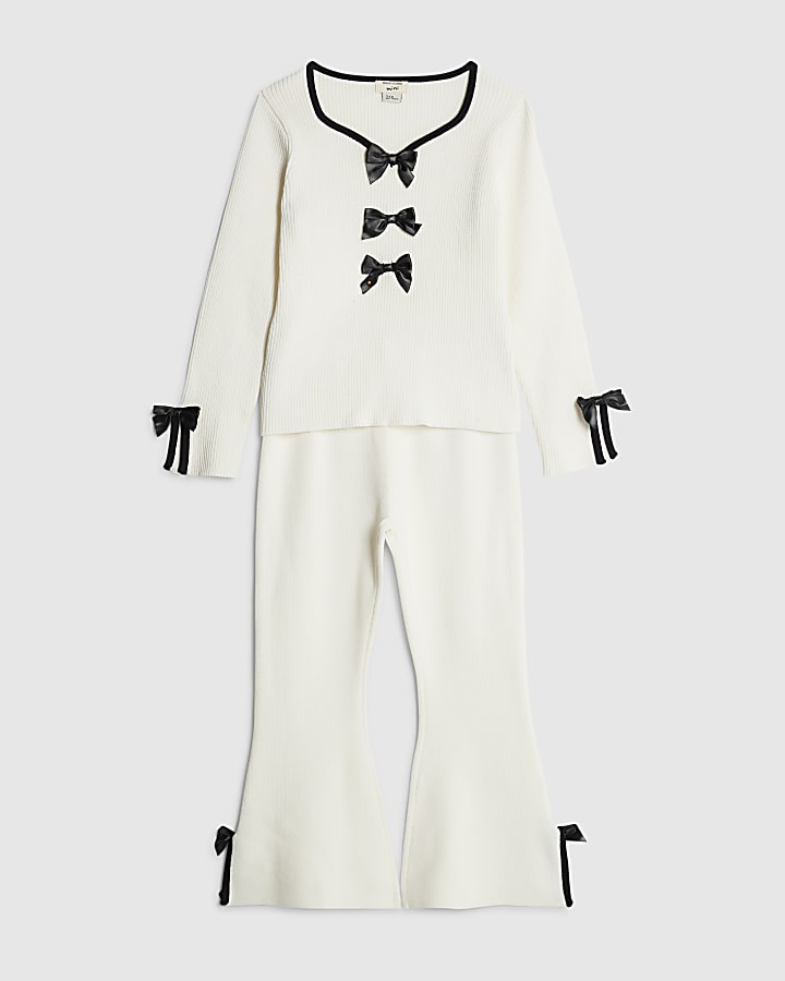 River Island Mini Girls Cream Bow Trousers Set