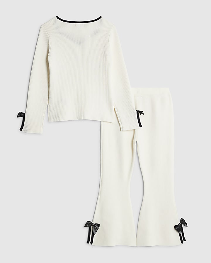 River Island Mini Girls Cream Bow Trousers Set