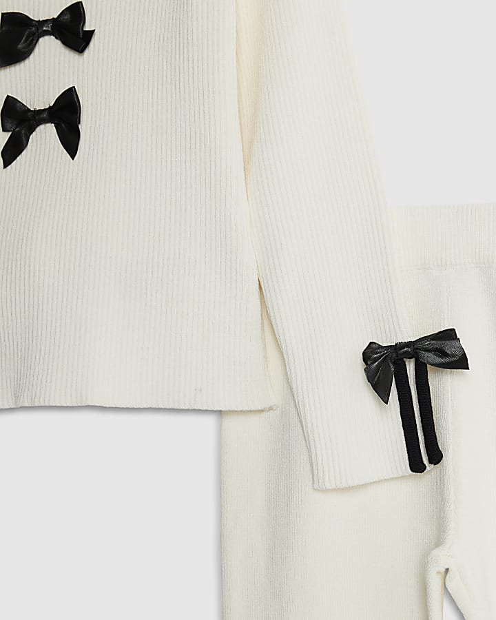 River Island Mini Girls Cream Bow Trousers Set