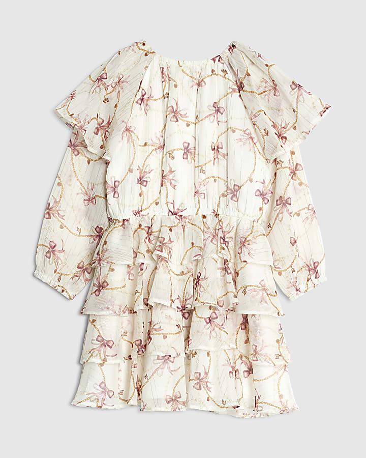 River Island Mini Girls Cream Chiffon Bow Dress