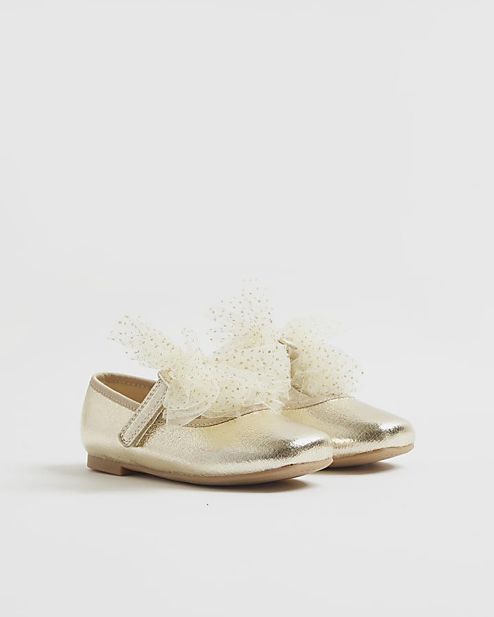 River Island Mini Girls Gold Organza Bow Shoes