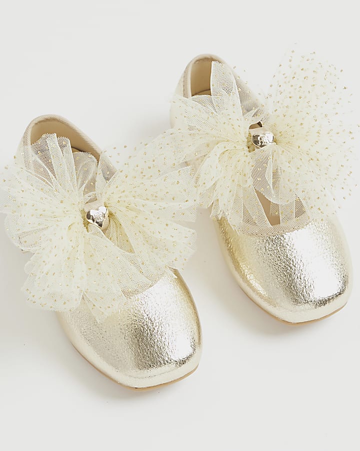 River Island Mini Girls Gold Organza Bow Shoes