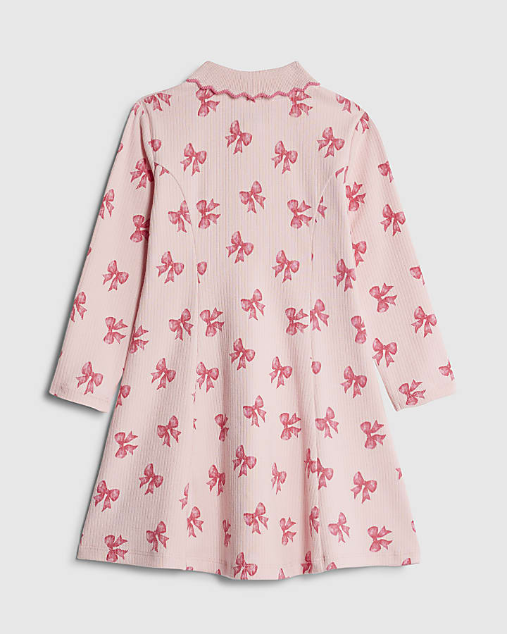 River Island Mini Girls Pink Bow Ribbed Polo Dress
