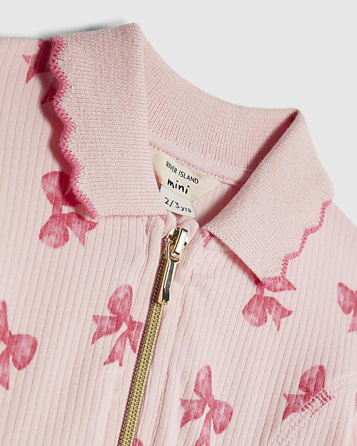 River Island Mini Girls Pink Bow Ribbed Polo Dress
