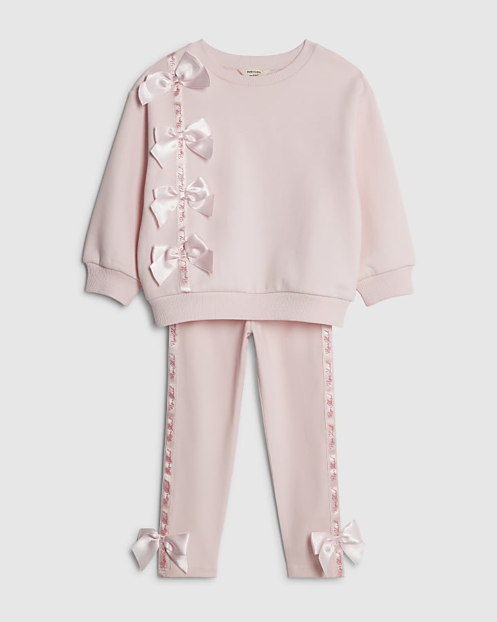 River Island Mini Girls Pink RI Bow T-Shirt Set