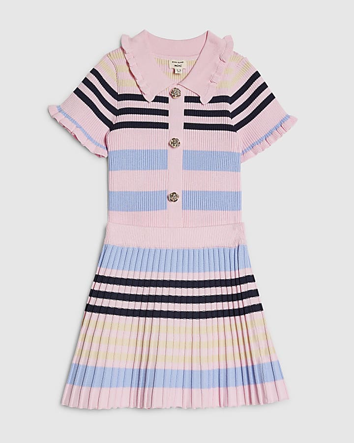 River Island Mini Girls Pink Stripe Polo Shirt Set