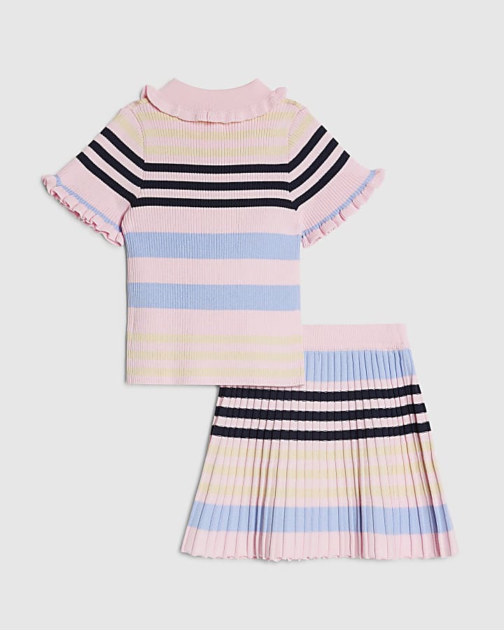 River Island Mini Girls Pink Stripe Polo Shirt Set