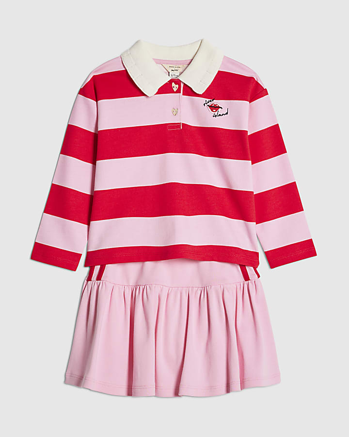 River Island Mini Girls Pink Stripe Polo Shirt Set