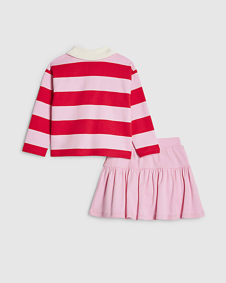 River Island Mini Girls Pink Stripe Polo Shirt Set