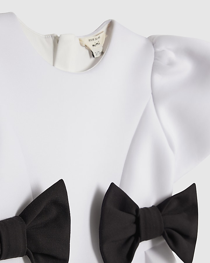 River Island Mini Girls White Bow Side Scuba Dress