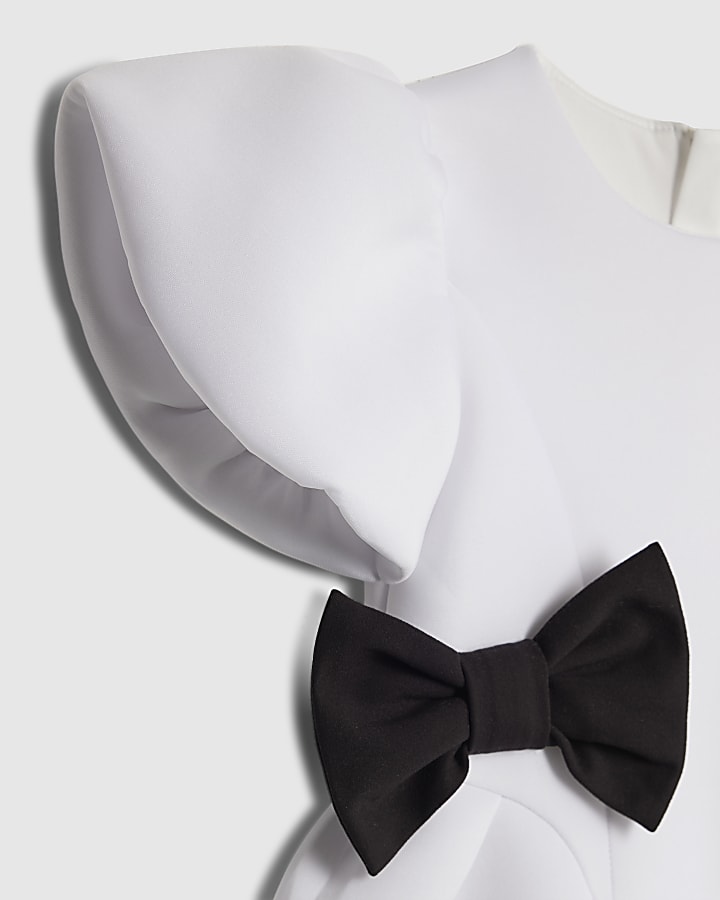 river island Mini Girls White Bow Side Scuba Dress