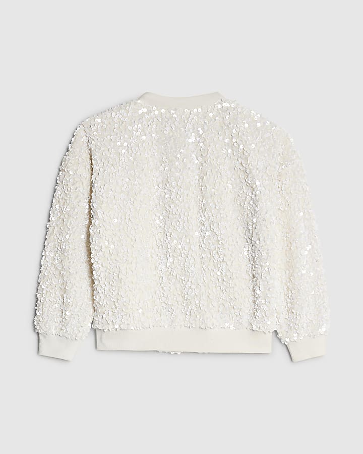River Island Mini Girls White Sequin Bomber Jacket