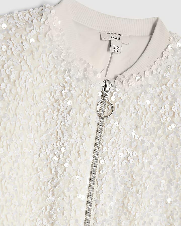 River Island Mini Girls White Sequin Bomber Jacket