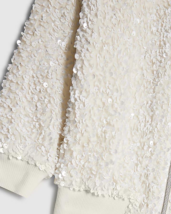 river island Mini Girls White Sequin Bomber Jacket