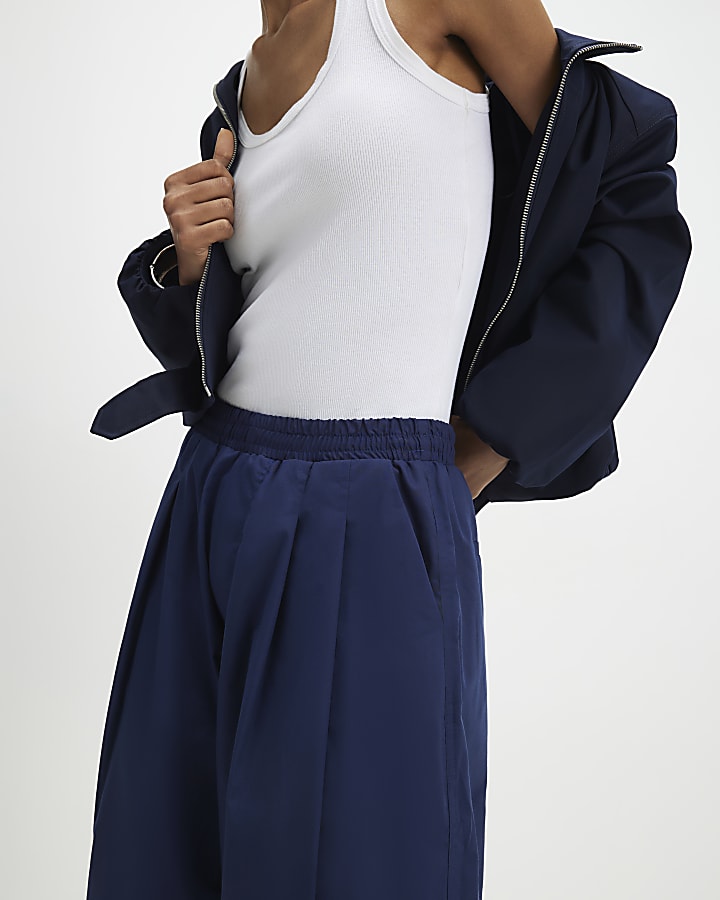 River Island Navy Barrel Leg Trousers