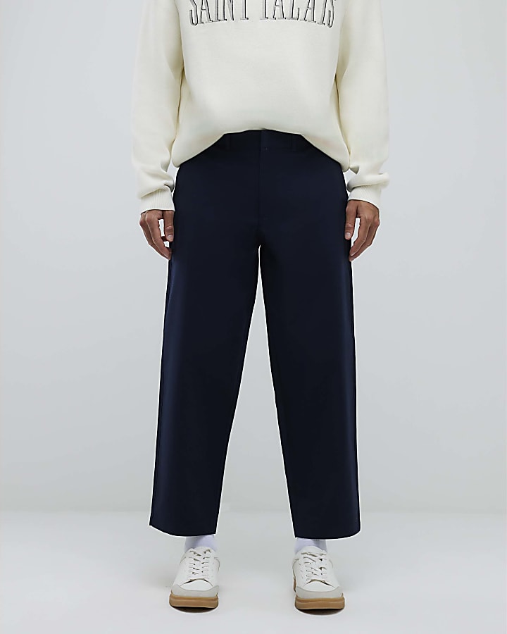 River Island Navy Barrell Leg Chino Trousers