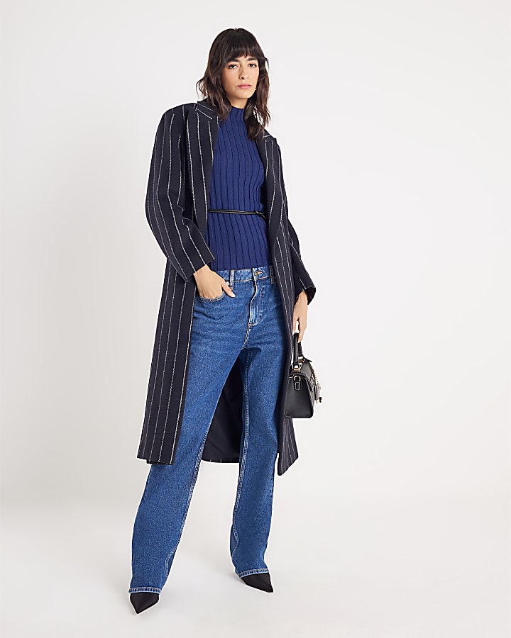 River Island Navy Belted Knit Ribbed Tank Top