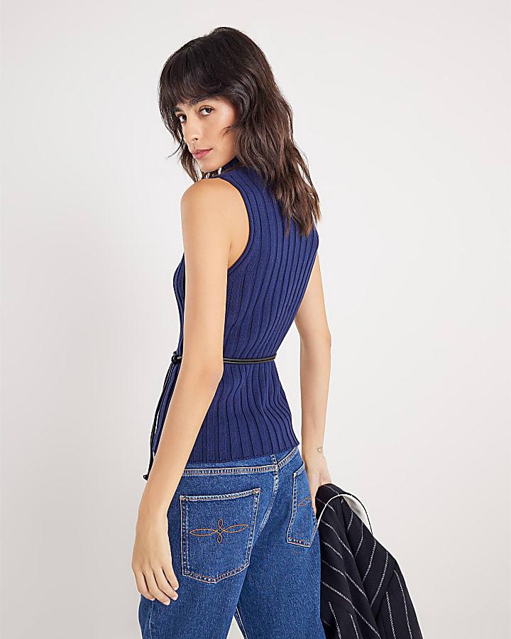 River Island Navy Belted Knit Ribbed Tank Top