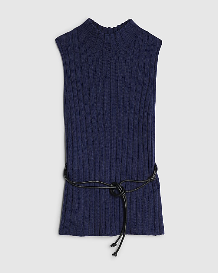 river island Navy Belted Knit ribbed tank top