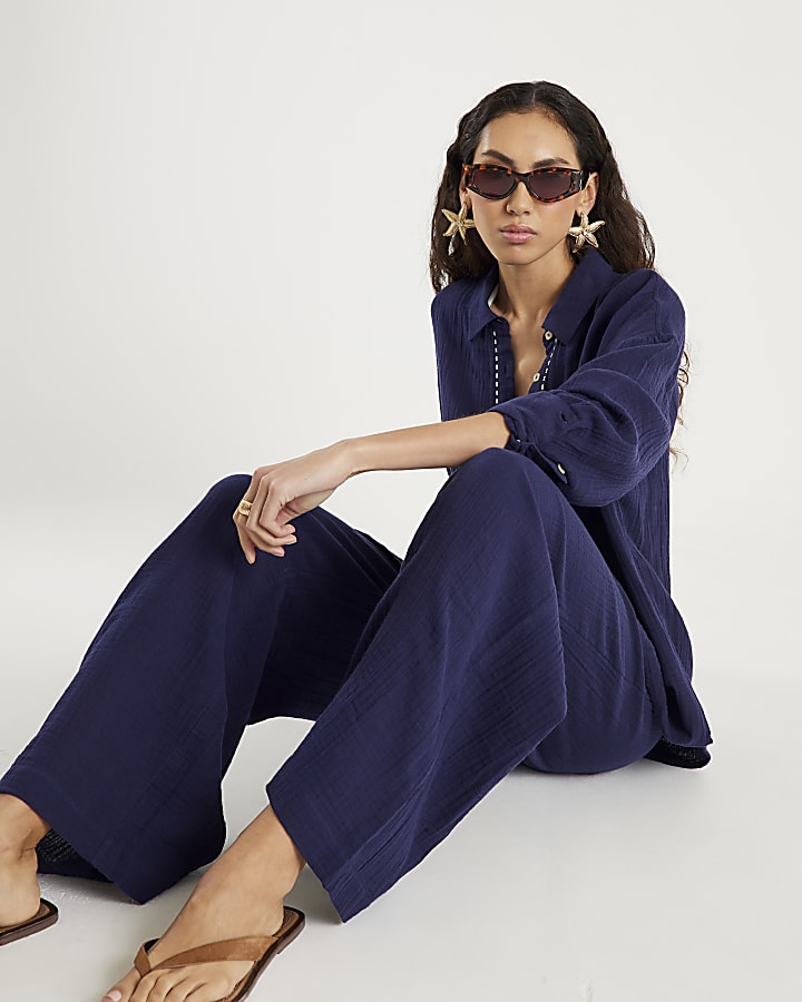 River Island Navy Crinkle Wide Leg Trousers